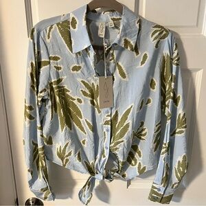 Joie Blue & Green Tropical Leaf Print Collared Tie-Front Crop Blouse size S NEW